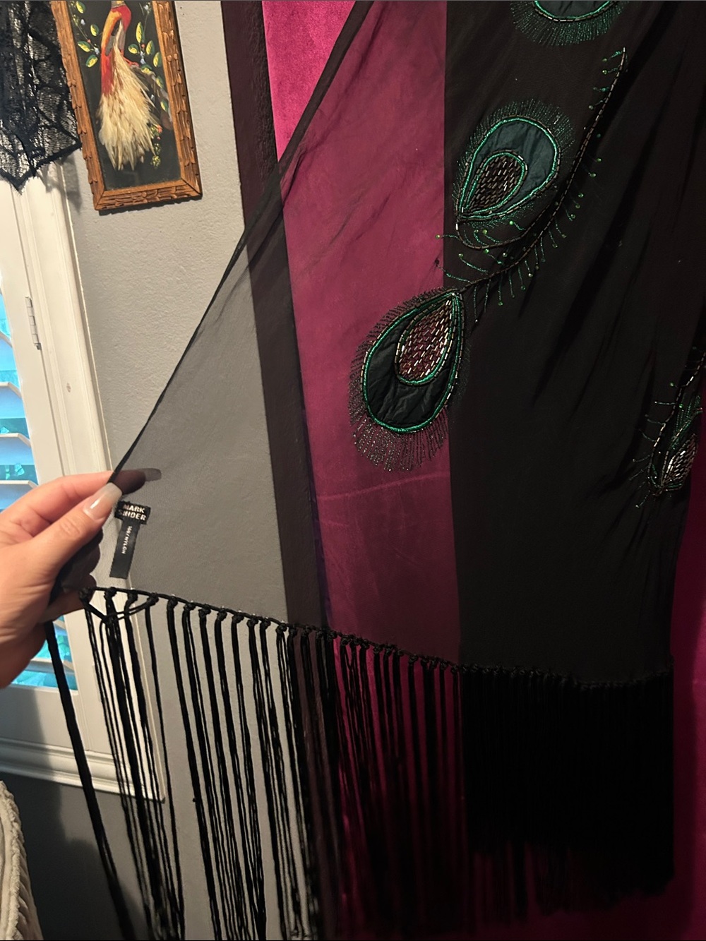 Black Peacock Fringe Shawl Beaded